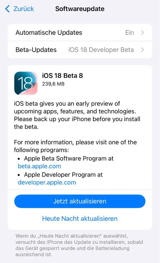 天等苹果手机维修分享苹果 iOS / iPadOS 18 开发者预览版 Beta 8 发布 